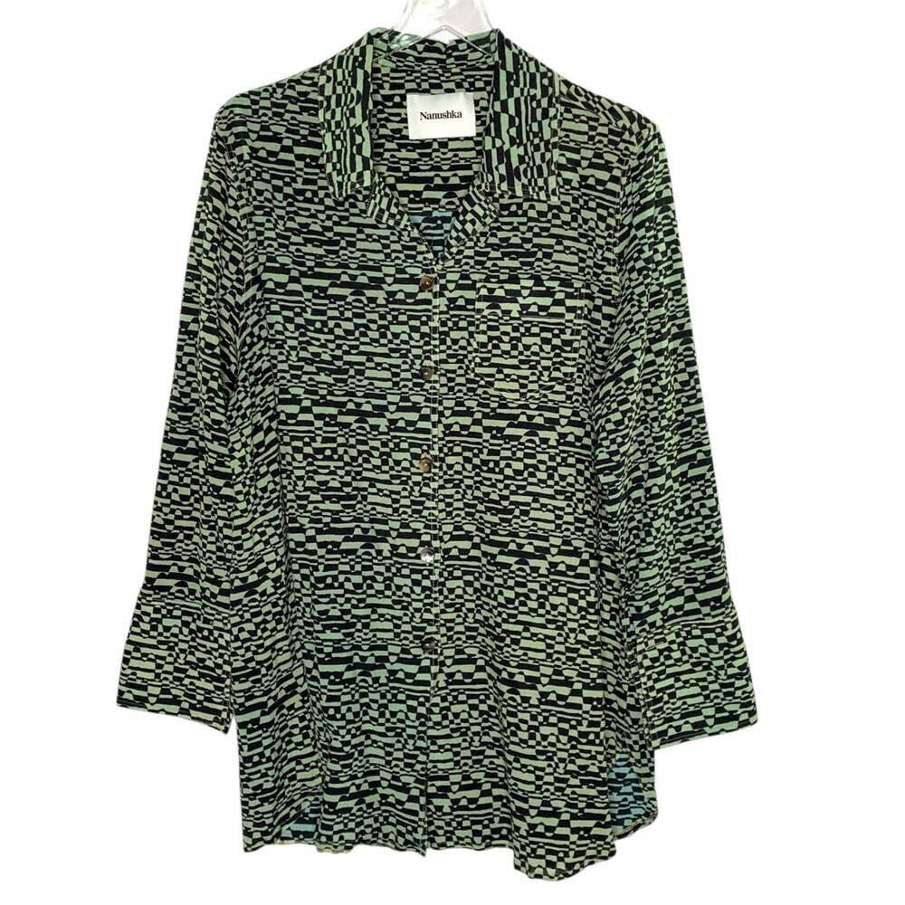 Nanushka XS Green Nemone Geo Print Long Sleeve Cotton Tunic Top Optic Wave